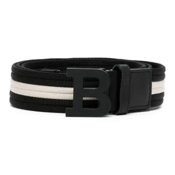 BALLY Horizontal Stripes Print Smooth Buckle Leather Belts Men's Black White Width: 3.5cm