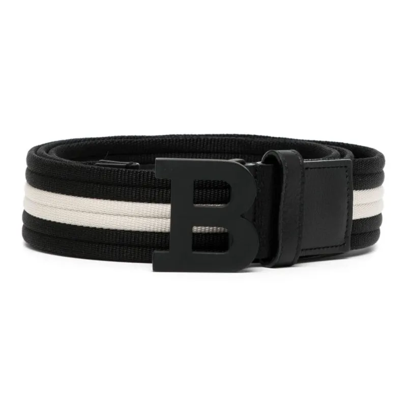 BALLY Horizontal Stripes Print Smooth Buckle Leather Belts Men's Black White Width: 3.5cm-0