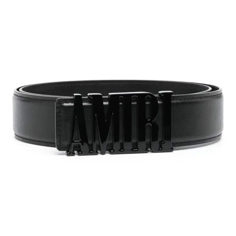 AMIRI Letter Logo Smooth Buckle Leather Belts Men's Black Width: 4CM-1