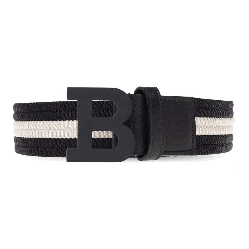 BALLY Horizontal Stripes Print Smooth Buckle Leather Belts Men's Black White Width: 3.5cm-1