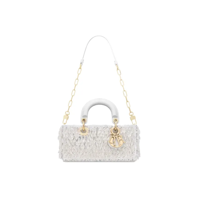 DIOR Lady D-JOY Glass Beads With Fringe Embroidery Shoulder Bag Crossbody Bag Handbag Small Size Women's White-4