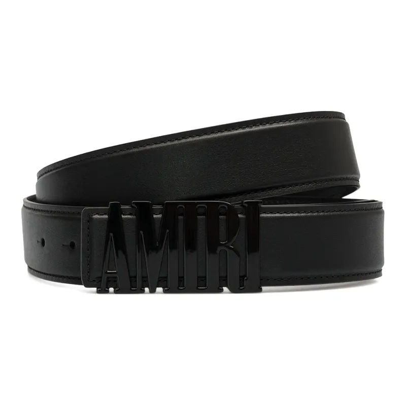 AMIRI Letter Logo Smooth Buckle Leather Belts Men's Black Width: 4CM-0
