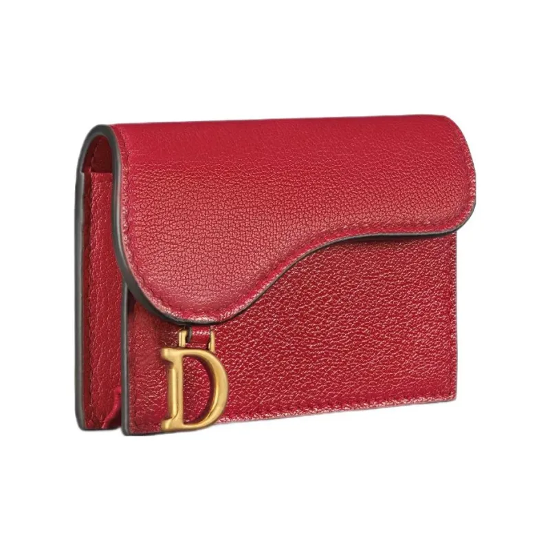 DIOR Saddle Goatskin Card Clip Card Holder Women's Lonely Flower Red-1