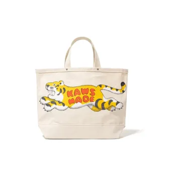 HUMAN MADE KAWS MADE Collaboration Cotton Canvas Bag One Shoulder Handbag Large Size Unisex Beige