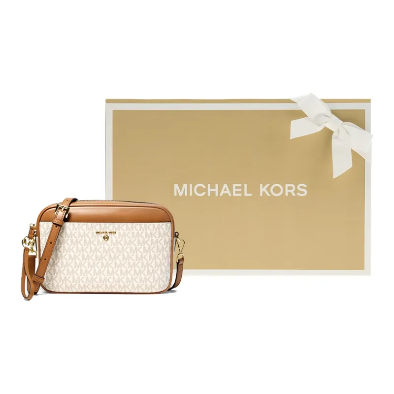 MICHAEL KORS Jet Set Charm Fabric MK Camera Bag, Crossbody Bag Large Size Women's White & Acorn Brown-5