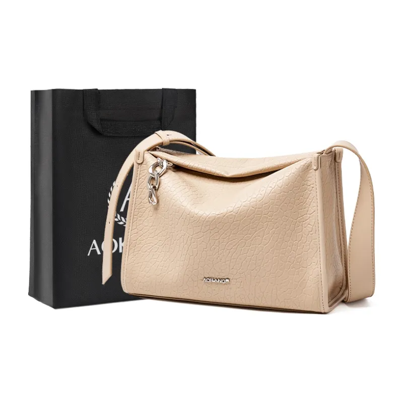 AOKANG Cow Leather Boston Bag, Pillow Bag, Tote Bag, Crossbody Bag Women's Classic Black/Milk Tea-4