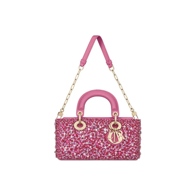 DIOR Lady D-JOY Rhinestone Embroidered Satin Shoulder Bag Crossbody Bag Handbag Small Size Women's Pink-4
