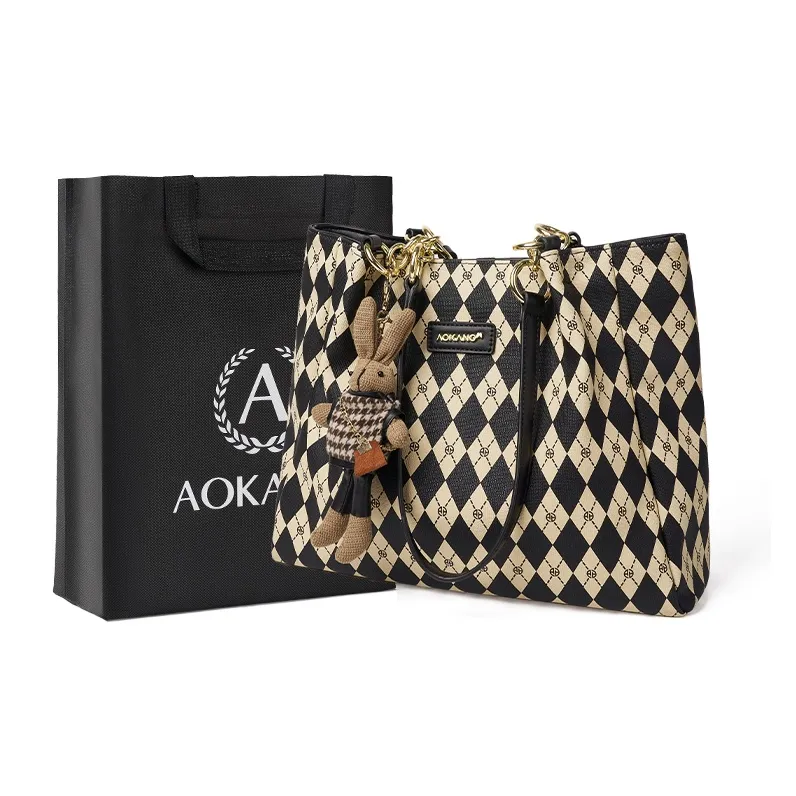 AOKANG PVC Tote Bag, Shopping Bag, Commute Bag, Schooling Bag, Shoulder Bag Large Size Women's Black/Cream Apricot-4