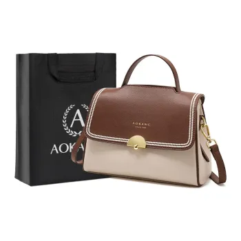 AOKANG Cow Leather Small Square Bag, Mom Bag, Crossbody Bag, Handbag Large Size Women's Ecru & Coffee/Coffee