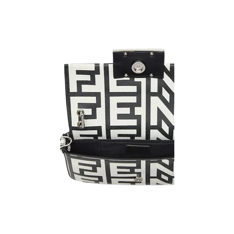 FENDI Baguette Sheepskin Cow Leather Patchwork Handbag Shoulder Bag Crossbody Bag Cell Phone Pouch Women's White/Black-3