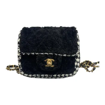 CHANEL Twill Soft Woolen With Gold Metal Flap Bag, Crossbody Bag, Shoulder Bag Trumpets Women's Black & Ivory