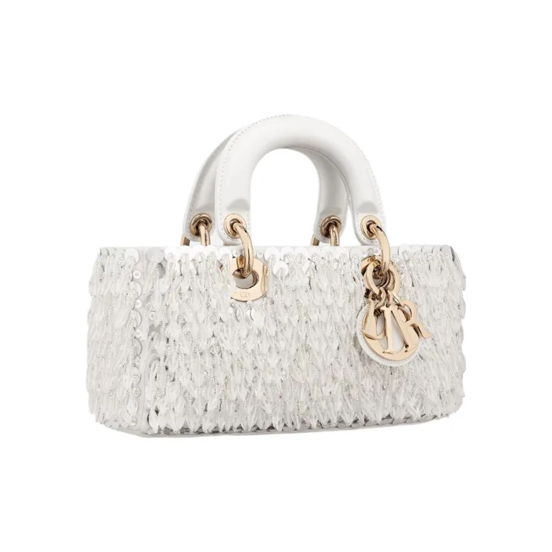 DIOR Lady D-JOY Glass Beads With Fringe Embroidery Shoulder Bag Crossbody Bag Handbag Small Size Women's White-1