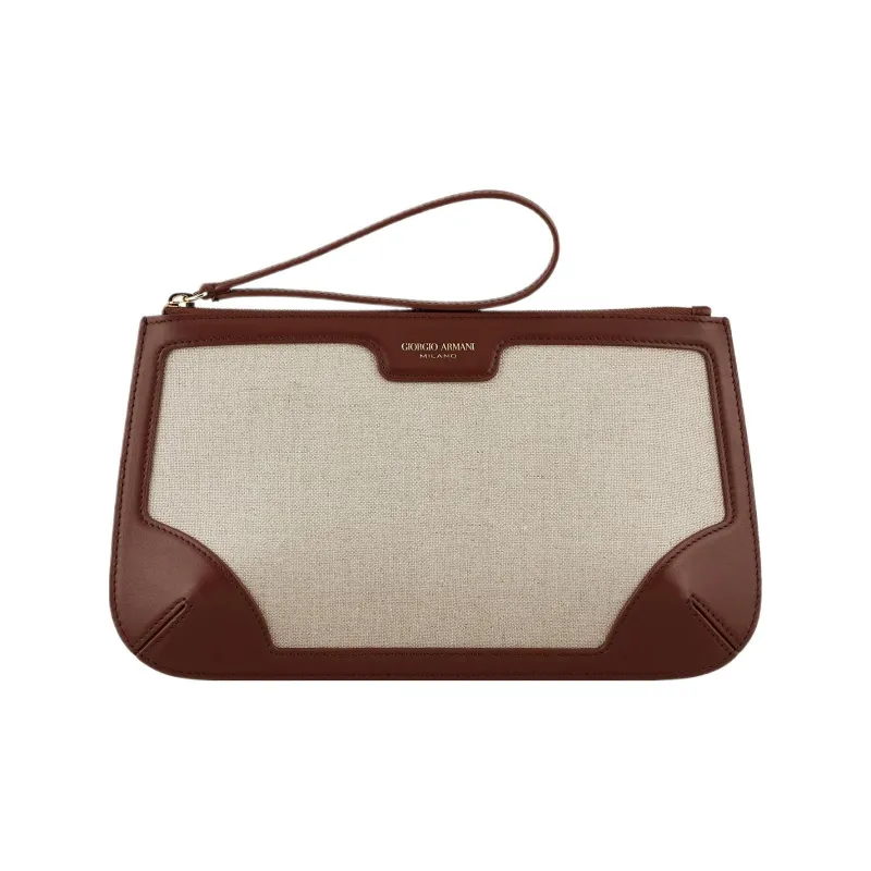 GIORGIO ARMANI Canvas With Leather Clutch Women's Brown & Beige-0