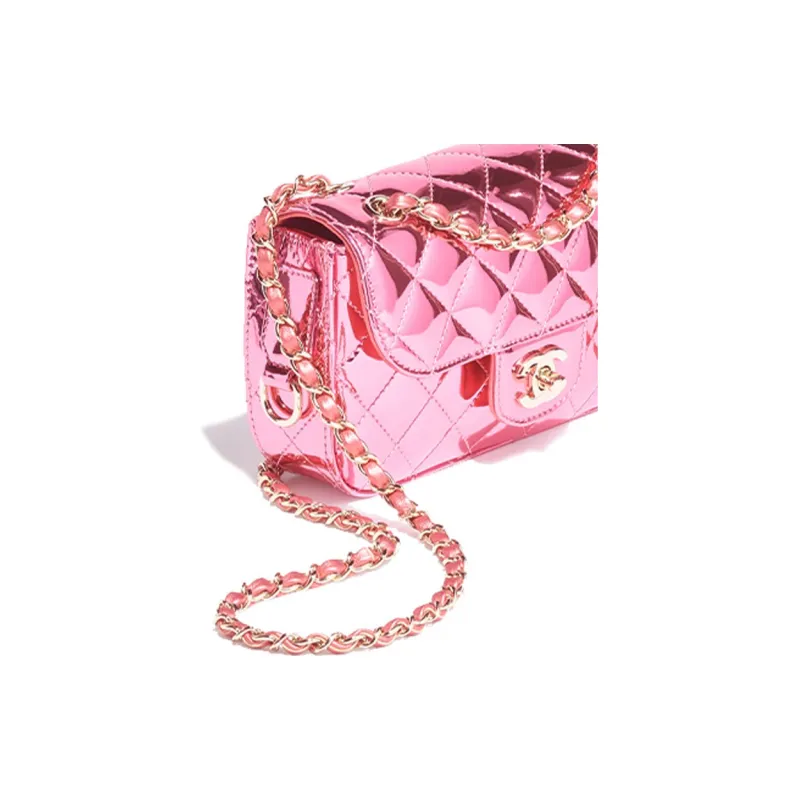 CHANEL Metal Texture Mirror Finish Calfskin With Lambskin Accents Shoulder Bag, Crossbody Bag Mini Women's Pink-4