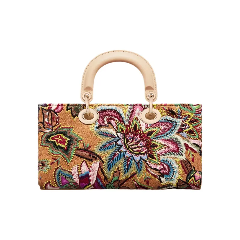 DIOR Lady D-JOY Raffia Shoulder Bag Crossbody Bag Handbag Medium Size Women's Brown & Multicolor-2