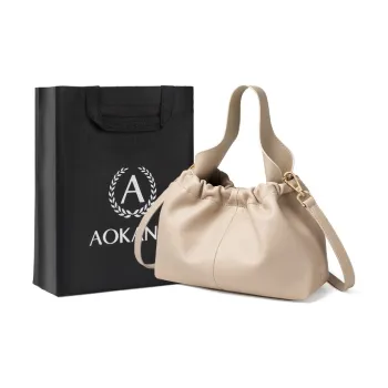 AOKANG Cow Leather Bucket Bag, Crossbody Handbag Small Size Women's Cream Apricot/Classic Black