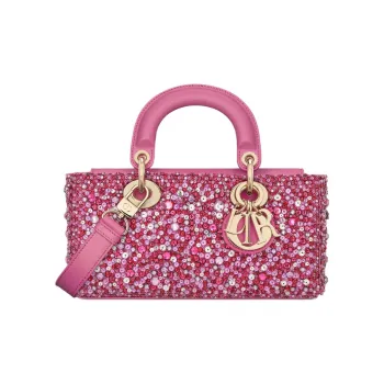 DIOR Lady D-JOY Rhinestone Embroidered Satin Shoulder Bag Crossbody Bag Handbag Small Size Women's Pink