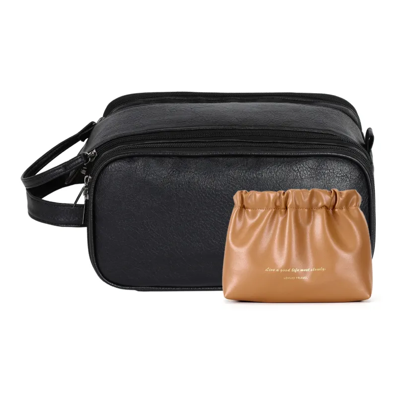 LOHAS Travel Leather Toiletry Bag Makeup Bag Regular Unisex Ecru/Black/Lotus Color-3