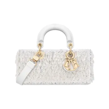 DIOR Lady D-JOY Glass Beads With Fringe Embroidery Shoulder Bag Crossbody Bag Handbag Small Size Women's White