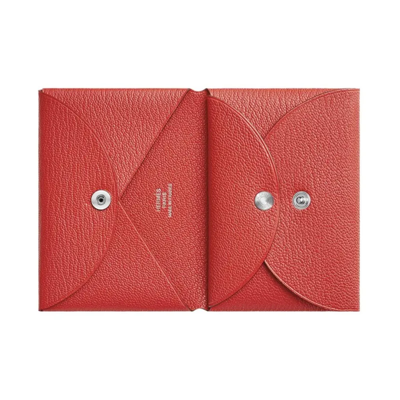 HERMES CalviDuo Mysore Goat Skin Card Holder Mini Women's 9T Capucine Orange Red-1