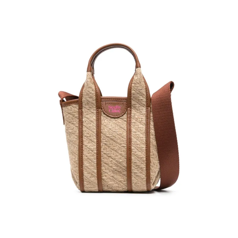 See By Chloe Calfskin & Jute Shoulder Bag, Crossbody Bag, Handbag Women's Beige Patch Material With Chocolate-0