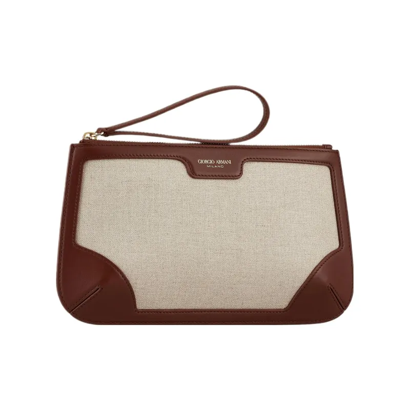 GIORGIO ARMANI Canvas With Leather Clutch Women's Brown & Beige-1