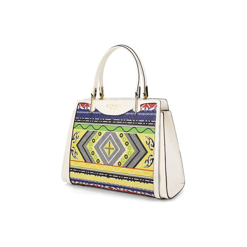 COOGI Cow Leather With Synthetic Leather Tote Bag, Crossbody Bag, Handbag Women's Black/Ecru-7