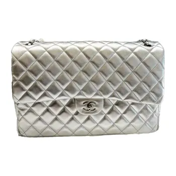 CHANEL Embossed Calfskin With Grains Handbag Shoulder Bag Crossbody Bag Extra Large Women's Silver