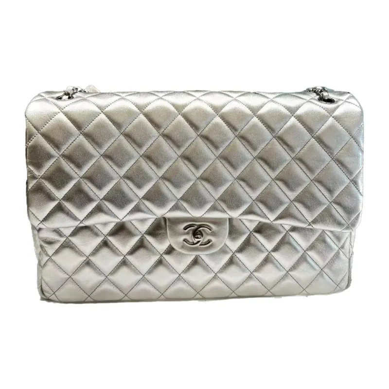 CHANEL Embossed Calfskin With Grains Handbag Shoulder Bag Crossbody Bag Extra Large Women's Silver-0