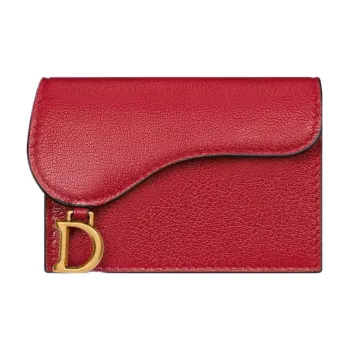 DIOR Saddle Goatskin Card Clip Card Holder Women's Lonely Flower Red