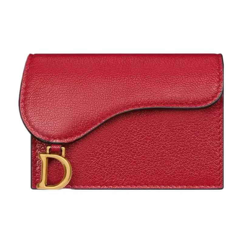 DIOR Saddle Goatskin Card Clip Card Holder Women's Lonely Flower Red-0