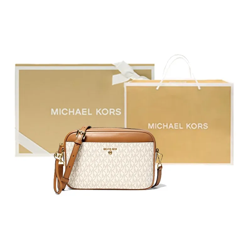 MICHAEL KORS Jet Set Charm Fabric MK Camera Bag, Crossbody Bag Large Size Women's White & Acorn Brown-9