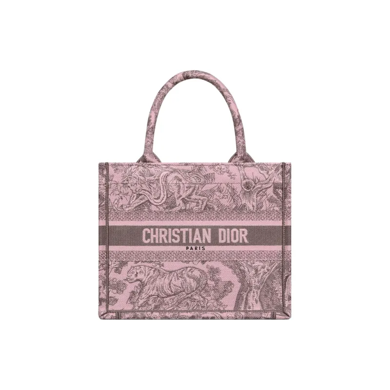 DIOR BookTote Embroidery Tote Bag Shopping Bag Handbag Small Size Women's Gray & Pink-0