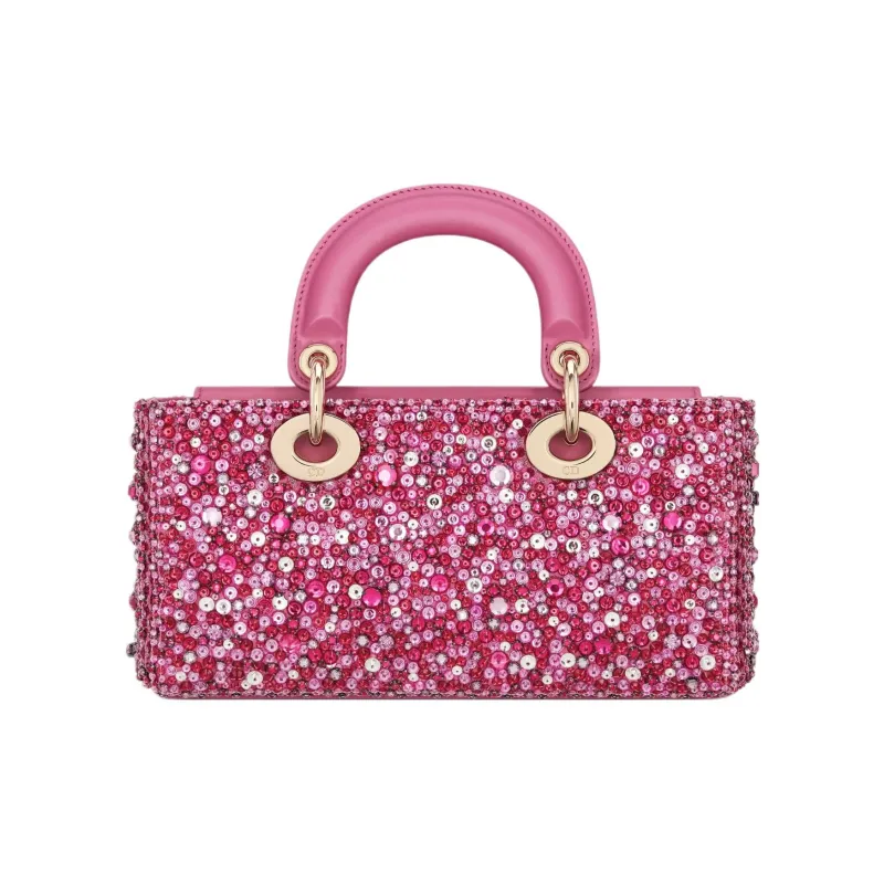 DIOR Lady D-JOY Rhinestone Embroidered Satin Shoulder Bag Crossbody Bag Handbag Small Size Women's Pink-2