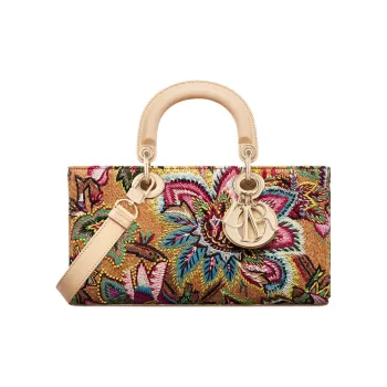 DIOR Lady D-JOY Raffia Shoulder Bag Crossbody Bag Handbag Medium Size Women's Brown & Multicolor