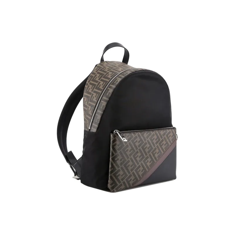 FENDI Coated Canvas Patchwork Nylon Backpack Men's Black Brown & Multicolor-3