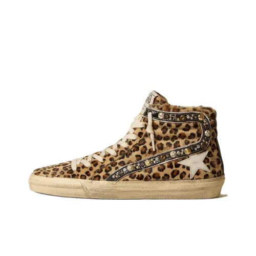 Golden Goose Slide Skateboard Shoes Women's High-Top Golden Leopard Print