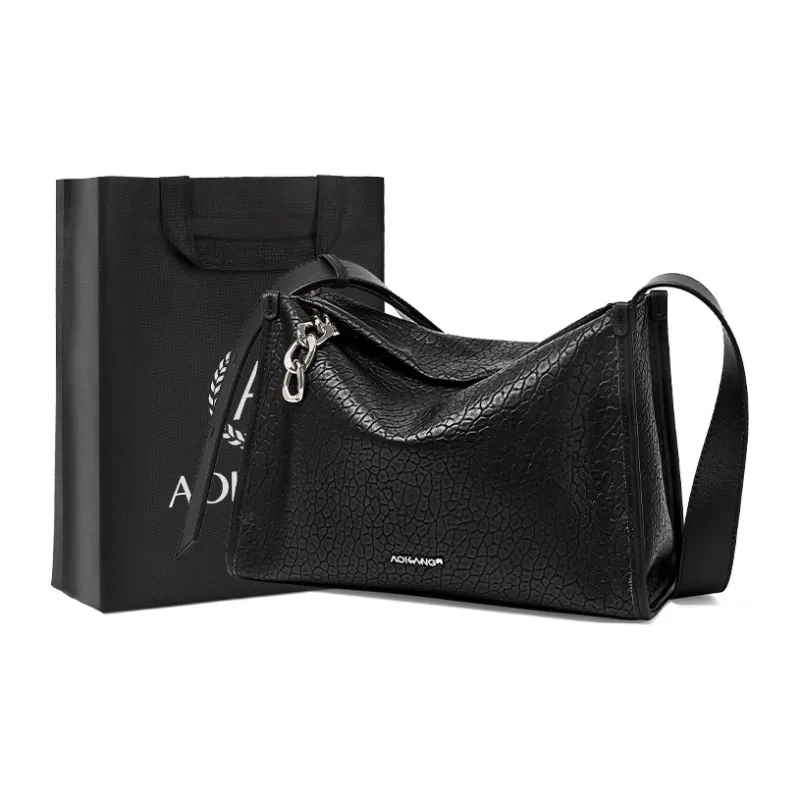 AOKANG Cow Leather Boston Bag, Pillow Bag, Tote Bag, Crossbody Bag Women's Classic Black/Milk Tea-0