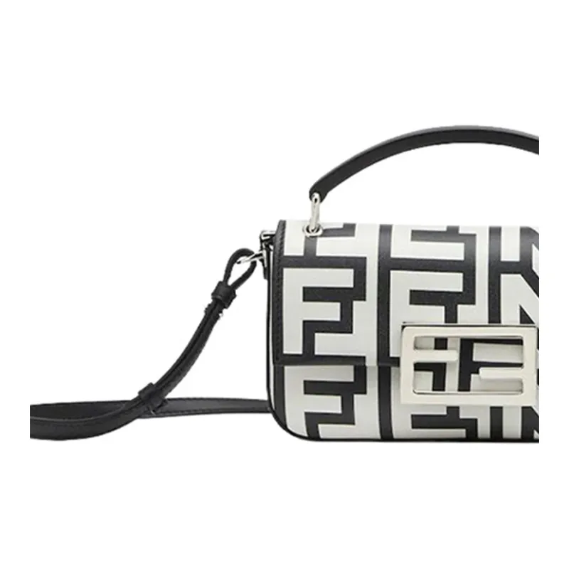 FENDI Baguette Sheepskin Cow Leather Patchwork Handbag Shoulder Bag Crossbody Bag Cell Phone Pouch Women's White/Black-4