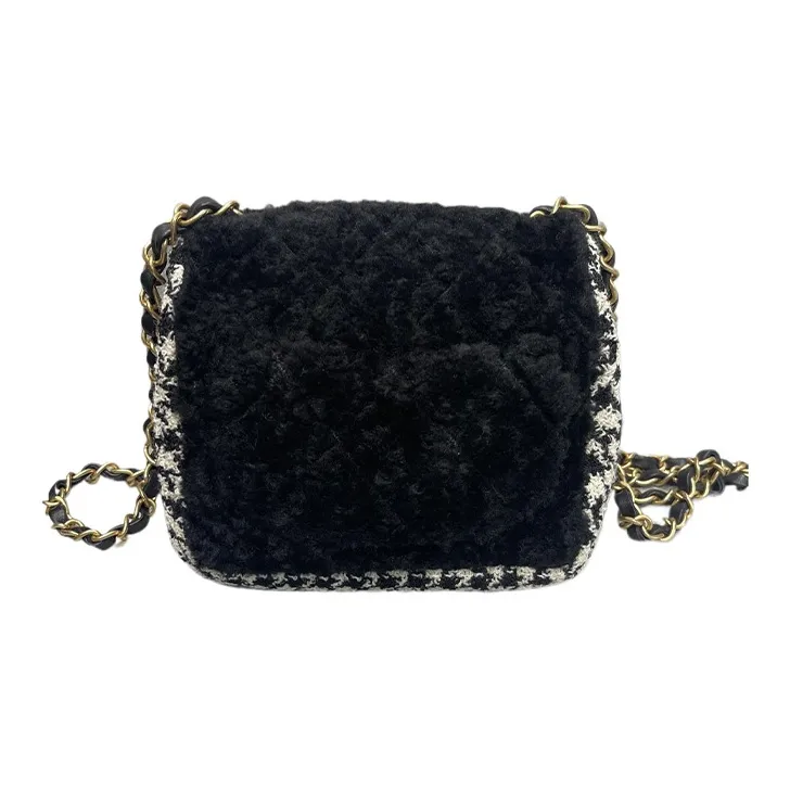 CHANEL Twill Soft Woolen With Gold Metal Flap Bag, Crossbody Bag, Shoulder Bag Trumpets Women's Black & Ivory-1