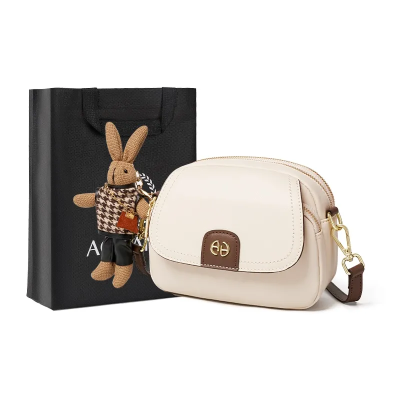 AOKANG Cow Leather Handbag Shoulder Bag Crossbody Bag Small Size Women's Caramel Brown/Milkshake White-5