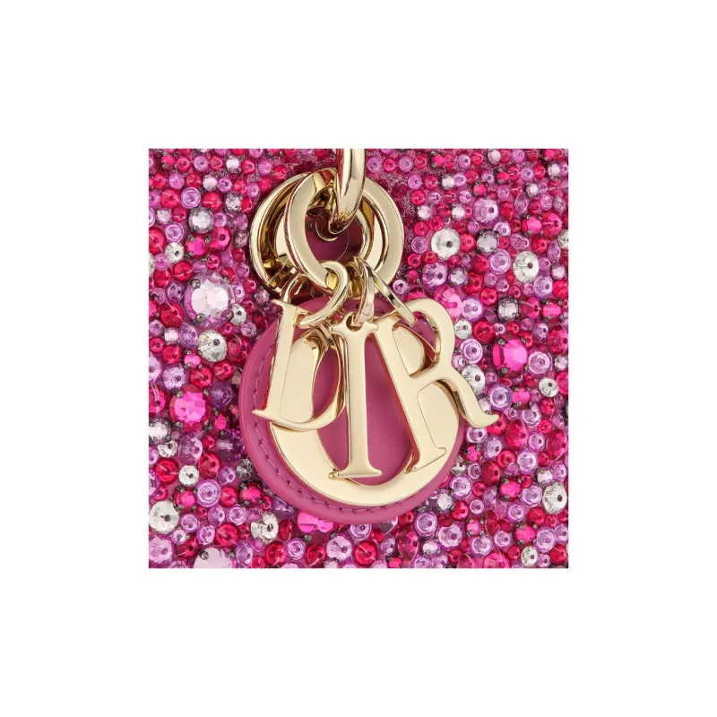 DIOR Lady D-JOY Rhinestone Embroidered Satin Shoulder Bag Crossbody Bag Handbag Small Size Women's Pink-6