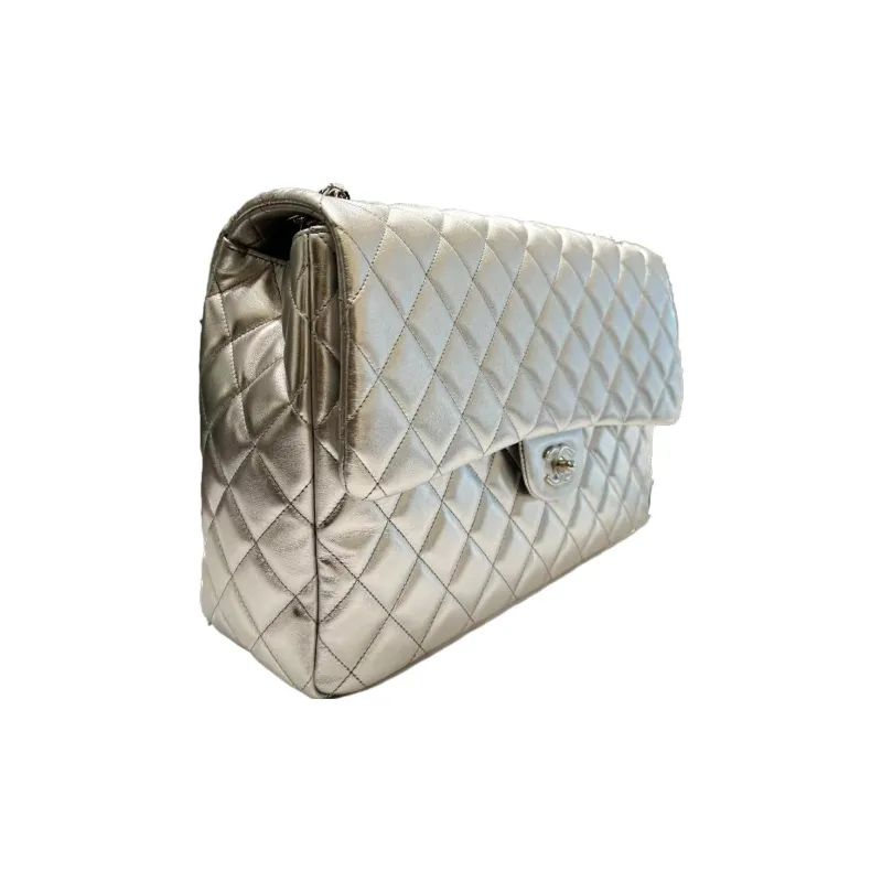 CHANEL Embossed Calfskin With Grains Handbag Shoulder Bag Crossbody Bag Extra Large Women's Silver-1