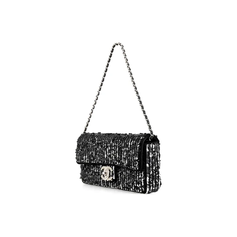 CHANEL 23P SS Rhinestone Sequins Evening Bag, Cell Phone Pouch, Clutch, Shoulder Bag, Crossbody Bag Women's Black-1