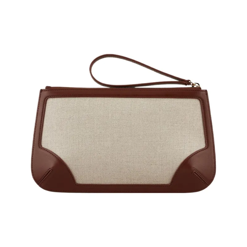 GIORGIO ARMANI Canvas With Leather Clutch Women's Brown & Beige-2
