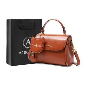 AOKANG Genuine Leather Small Square Bag, Commuter Bag, Handbag Small Size Women's Caramel Brown/Classic Black