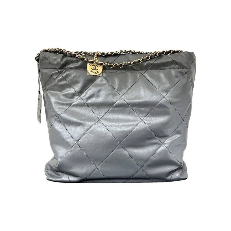 CHANEL Shiny Calfskin Tote Bag, Shopping Bag, Handbag, Shoulder Bag Medium Size Women's Gray-1