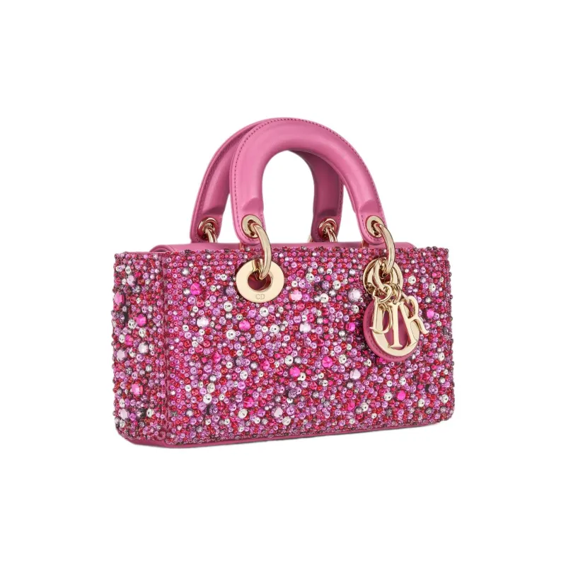 DIOR Lady D-JOY Rhinestone Embroidered Satin Shoulder Bag Crossbody Bag Handbag Small Size Women's Pink-1