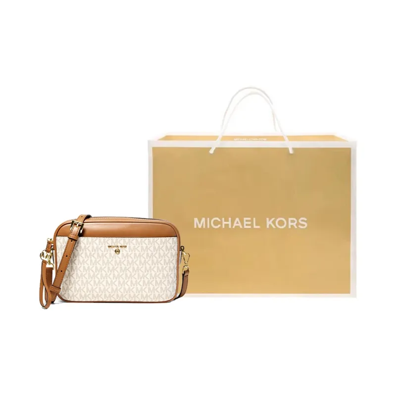 MICHAEL KORS Jet Set Charm Fabric MK Camera Bag, Crossbody Bag Large Size Women's White & Acorn Brown-7
