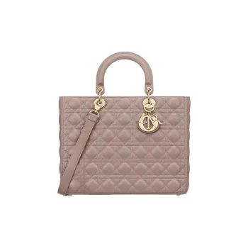 DIOR Lady Dior Lambskin Shoulder Bag Crossbody Bag Handbag Large Size Women's Taupe